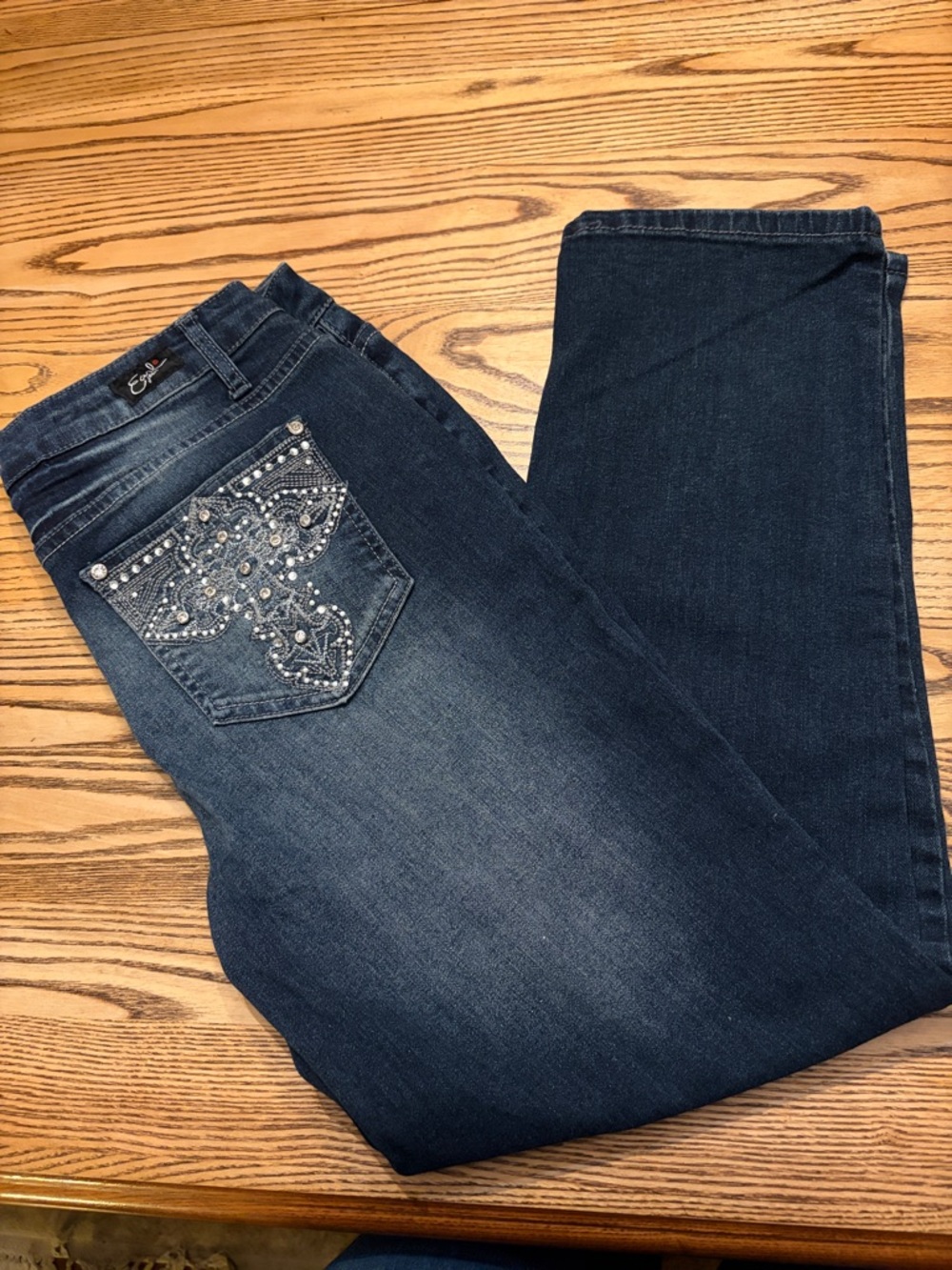 Earl Jeans Dark Blue Straight Leg Jeans with Studded Embellished Pocket